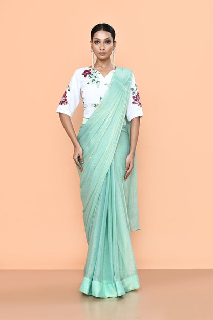 Designer Wear Mint Green Drape Saree - Simaaya