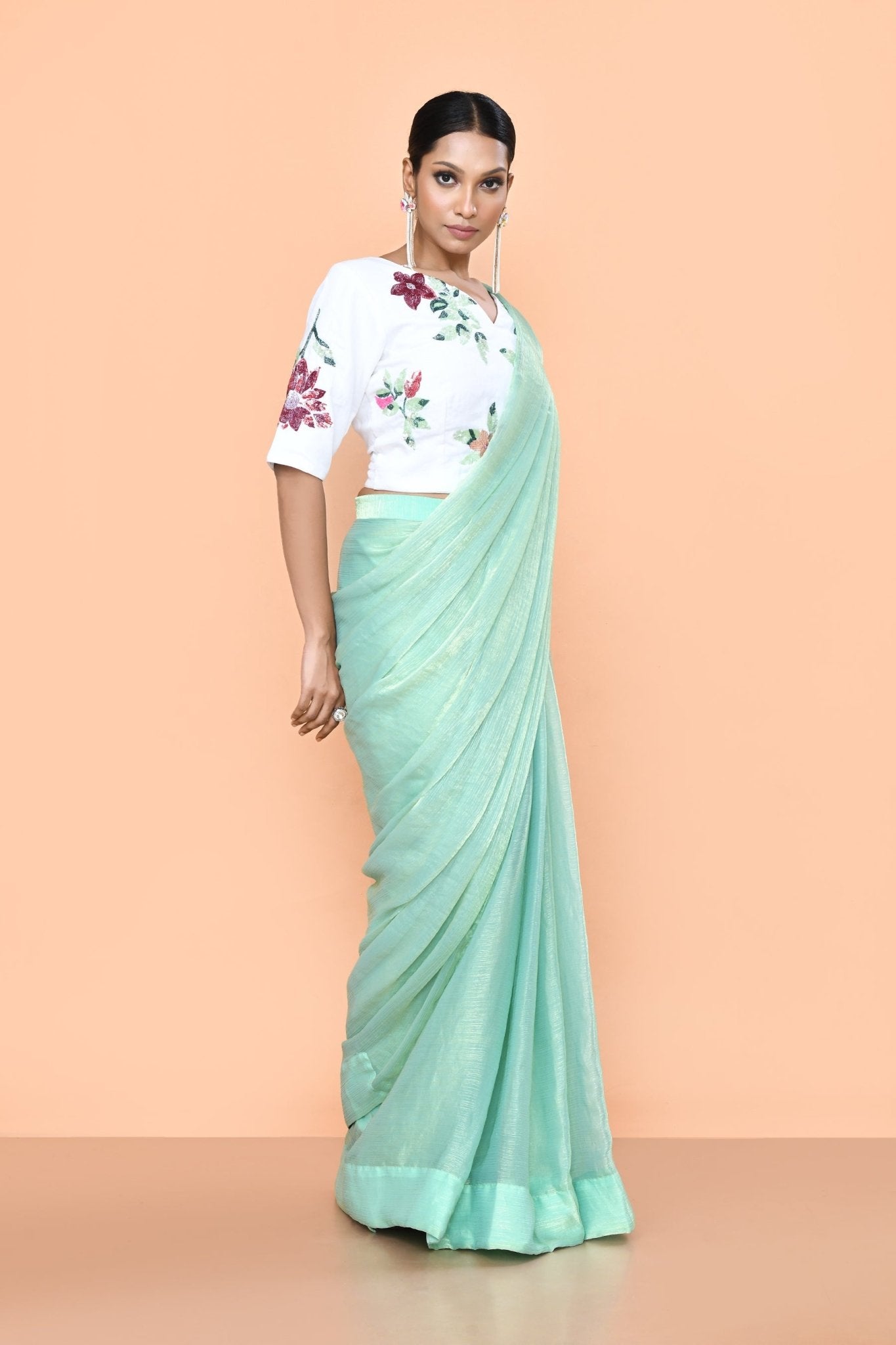 Designer Wear Mint Green Drape Saree - Simaaya