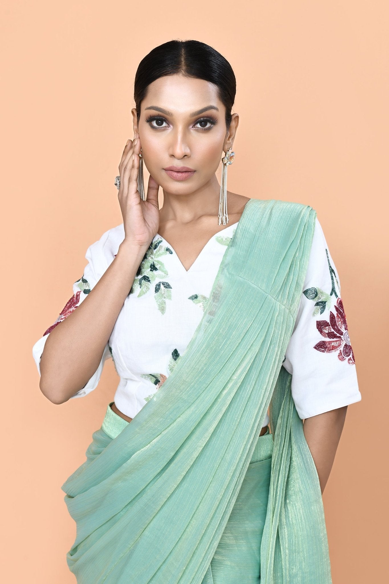 Designer Wear Mint Green Drape Saree - Simaaya