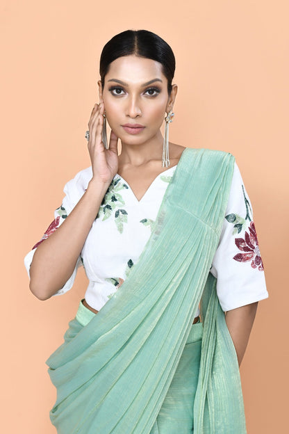 Designer Wear Mint Green Drape Saree - Simaaya