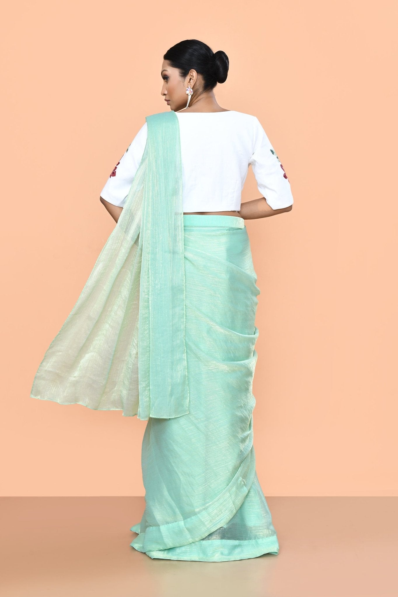 Designer Wear Mint Green Drape Saree - Simaaya