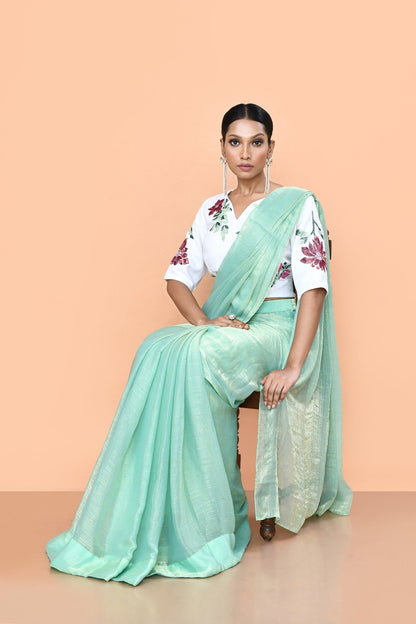 Designer Wear Mint Green Drape Saree - Simaaya