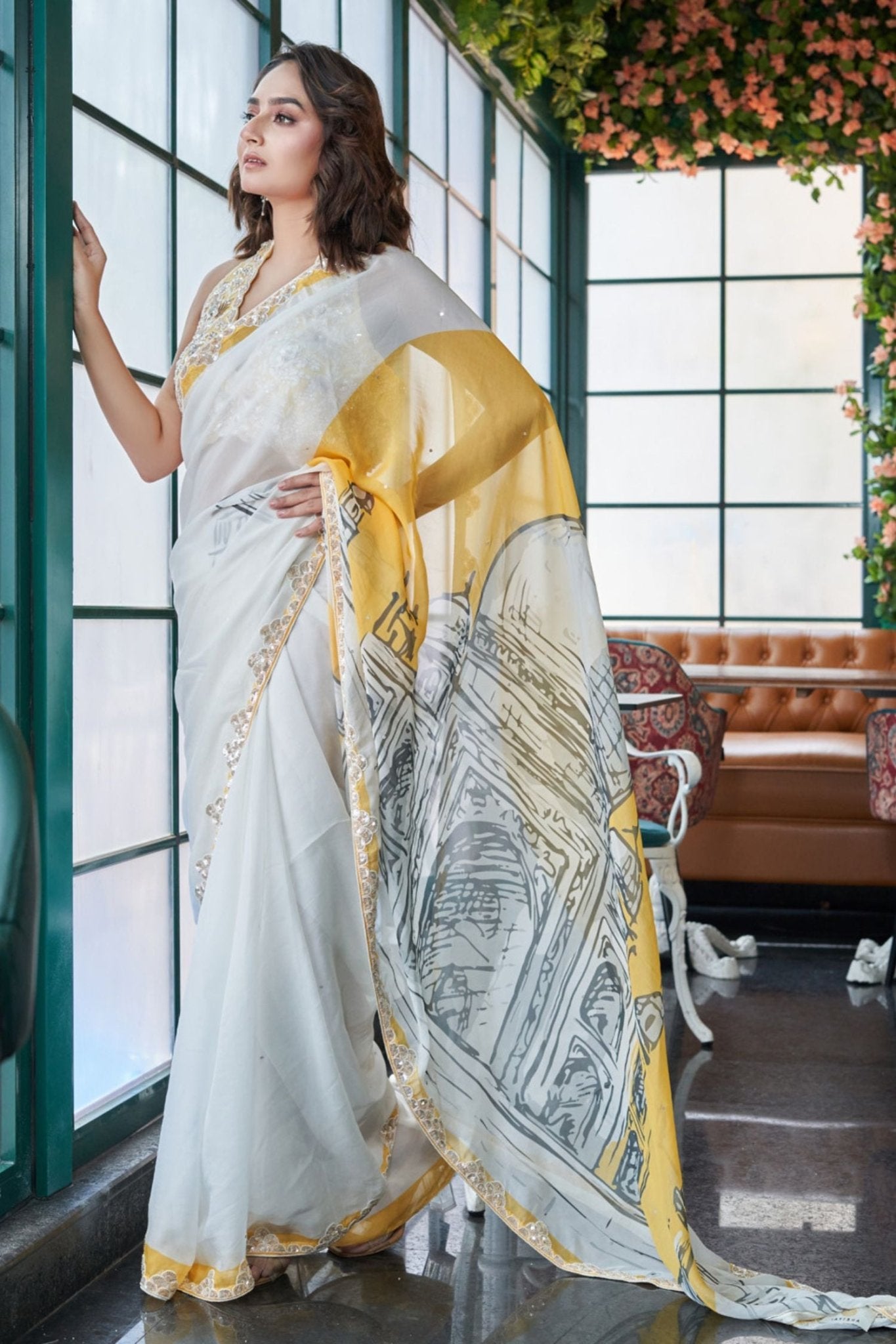Designer Wear Multicolour Chinnon Drape Saree - Simaaya