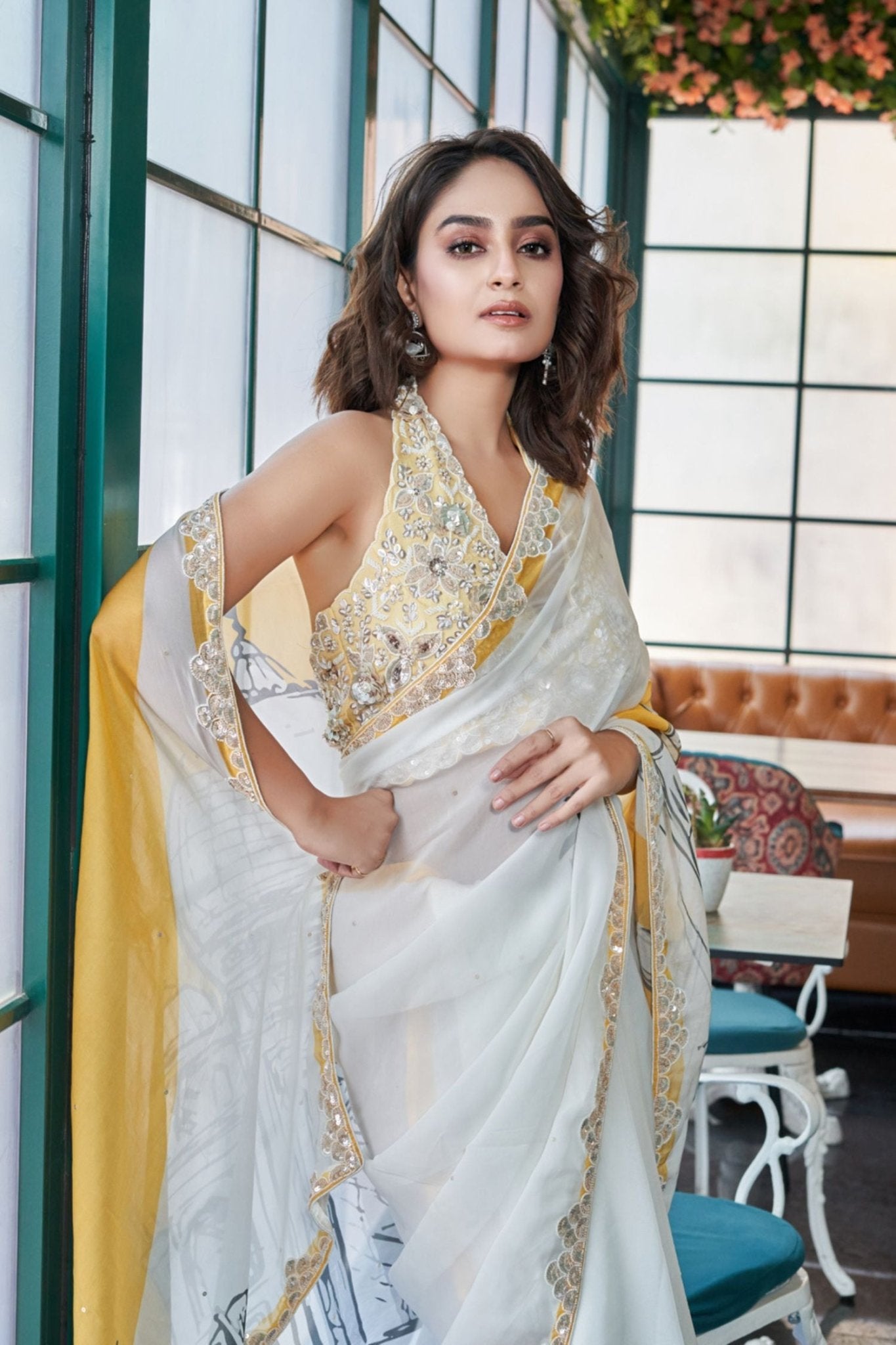 Designer Wear Multicolour Chinnon Drape Saree - Simaaya