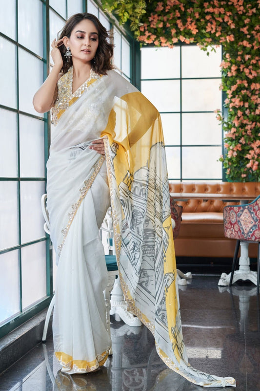Designer Wear Multicolour Chinnon Drape Saree - Simaaya