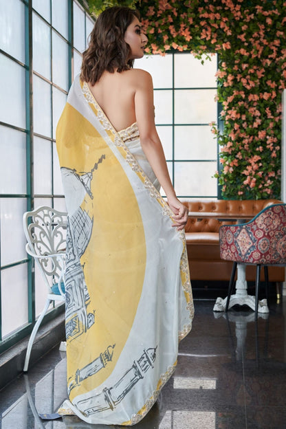 Designer Wear Multicolour Chinnon Drape Saree - Simaaya