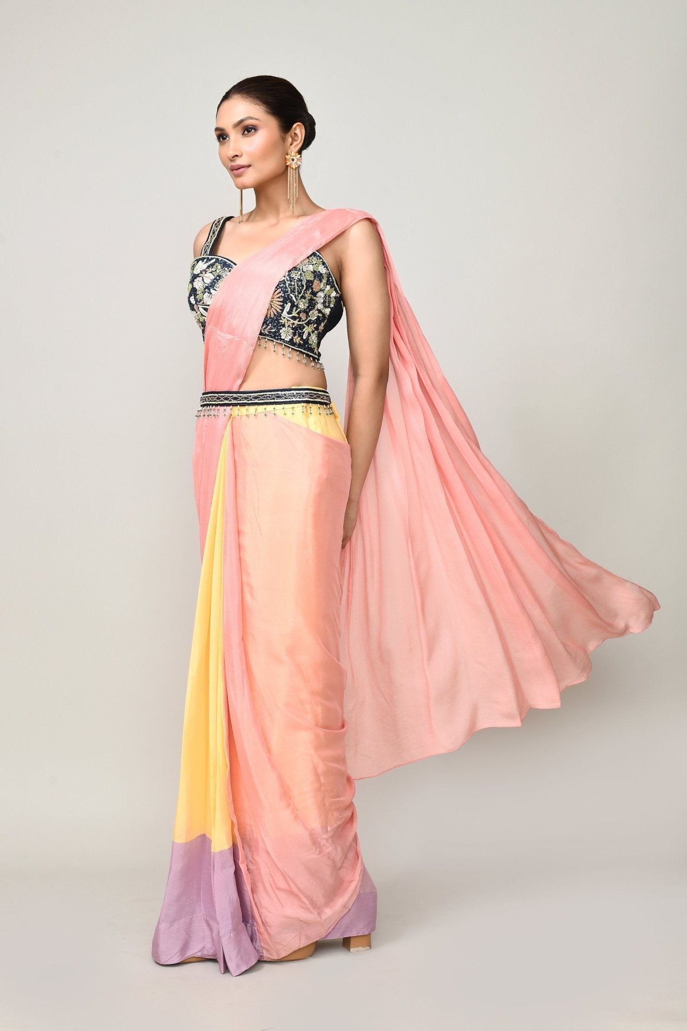 Designer Wear Multicolour Chinon Chiffon Drape Saree - Simaaya