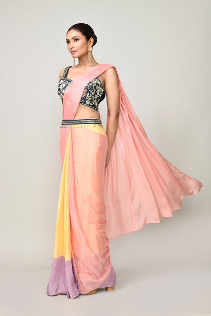 Designer Wear Multicolour Chinon Chiffon Drape Saree - Simaaya