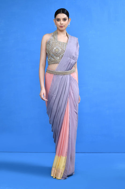 Designer Wear Multicolour Chinon Chiffon Drape Saree - Simaaya