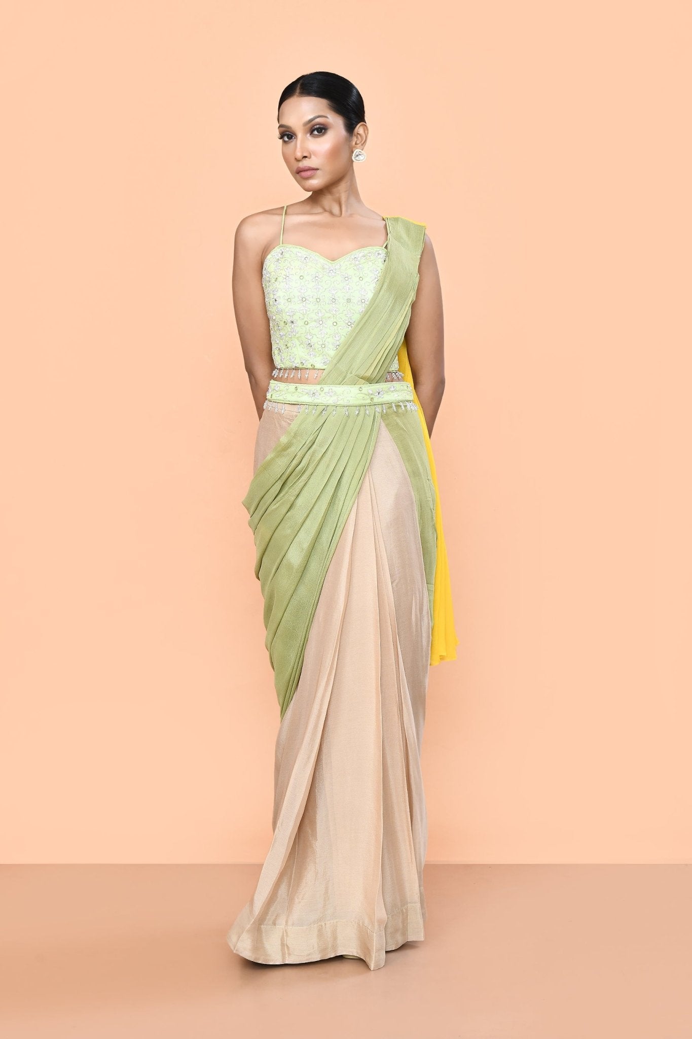 Designer Wear Multicolour Chinon Chiffon Drape Saree - Simaaya
