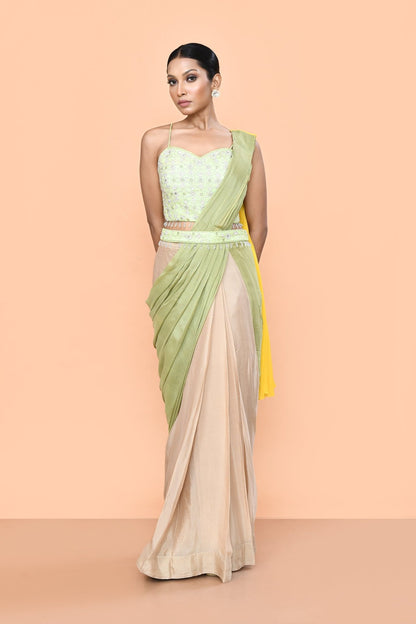 Designer Wear Multicolour Chinon Chiffon Drape Saree - Simaaya