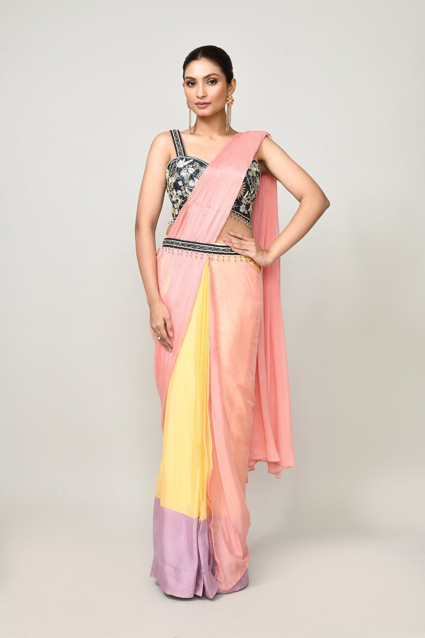 Designer Wear Multicolour Chinon Chiffon Drape Saree - Simaaya