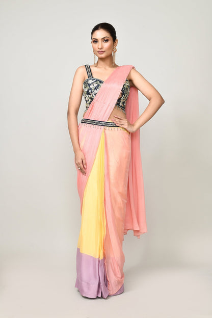 Designer Wear Multicolour Chinon Chiffon Drape Saree - Simaaya