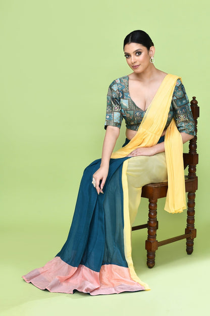 Designer Wear Multicolour Chinon Chiffon Drape Saree - Simaaya