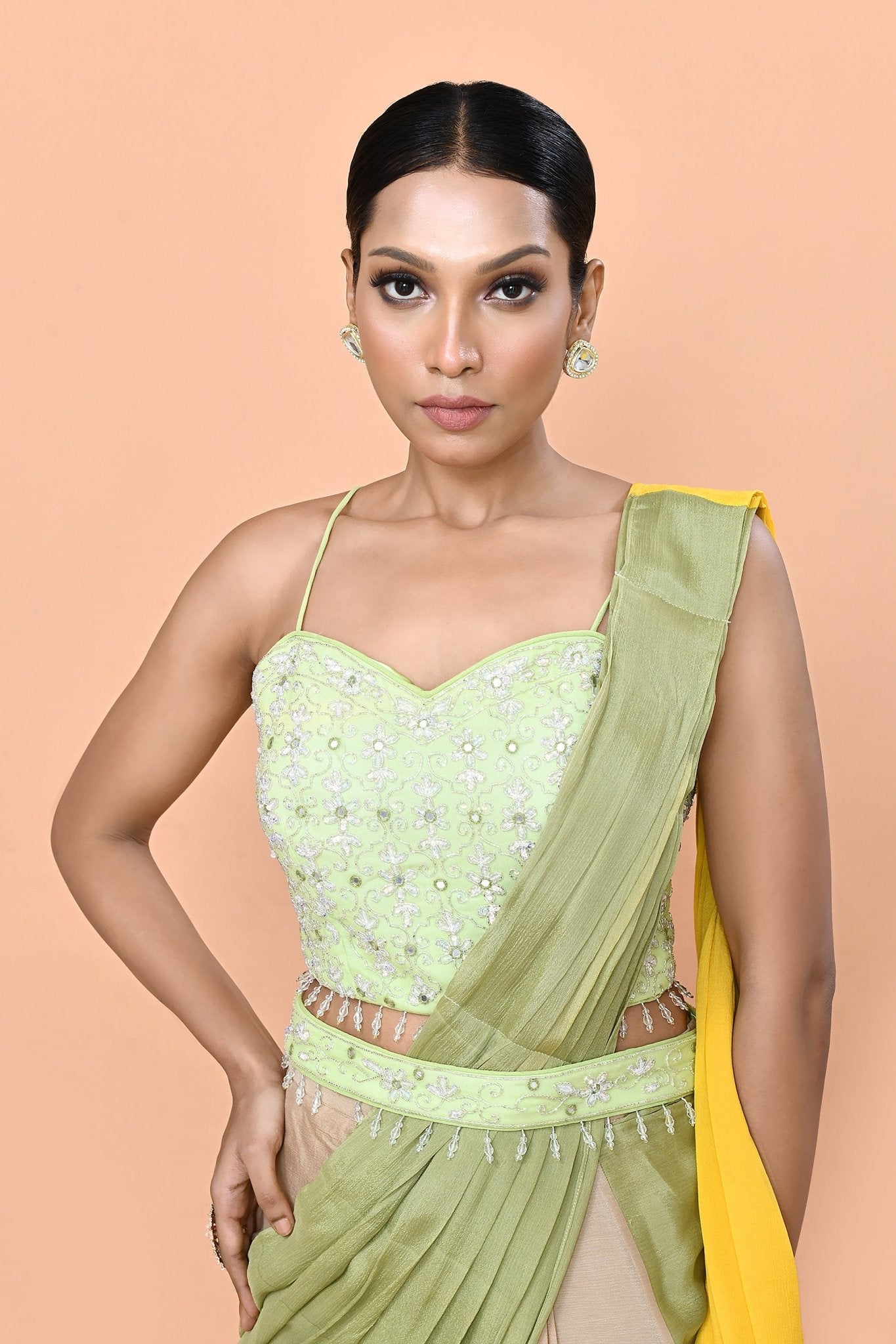Designer Wear Multicolour Chinon Chiffon Drape Saree - Simaaya
