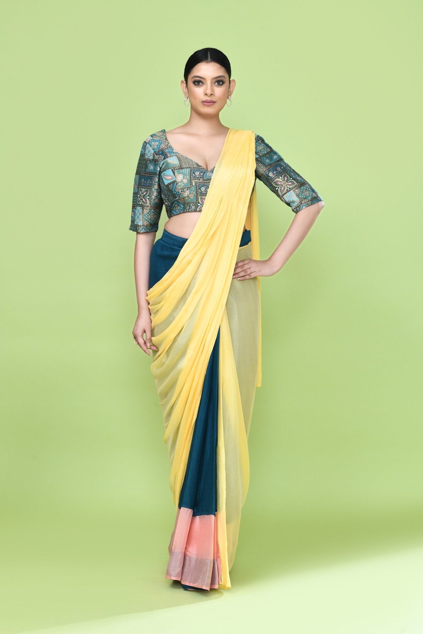 Designer Wear Multicolour Chinon Chiffon Drape Saree - Simaaya