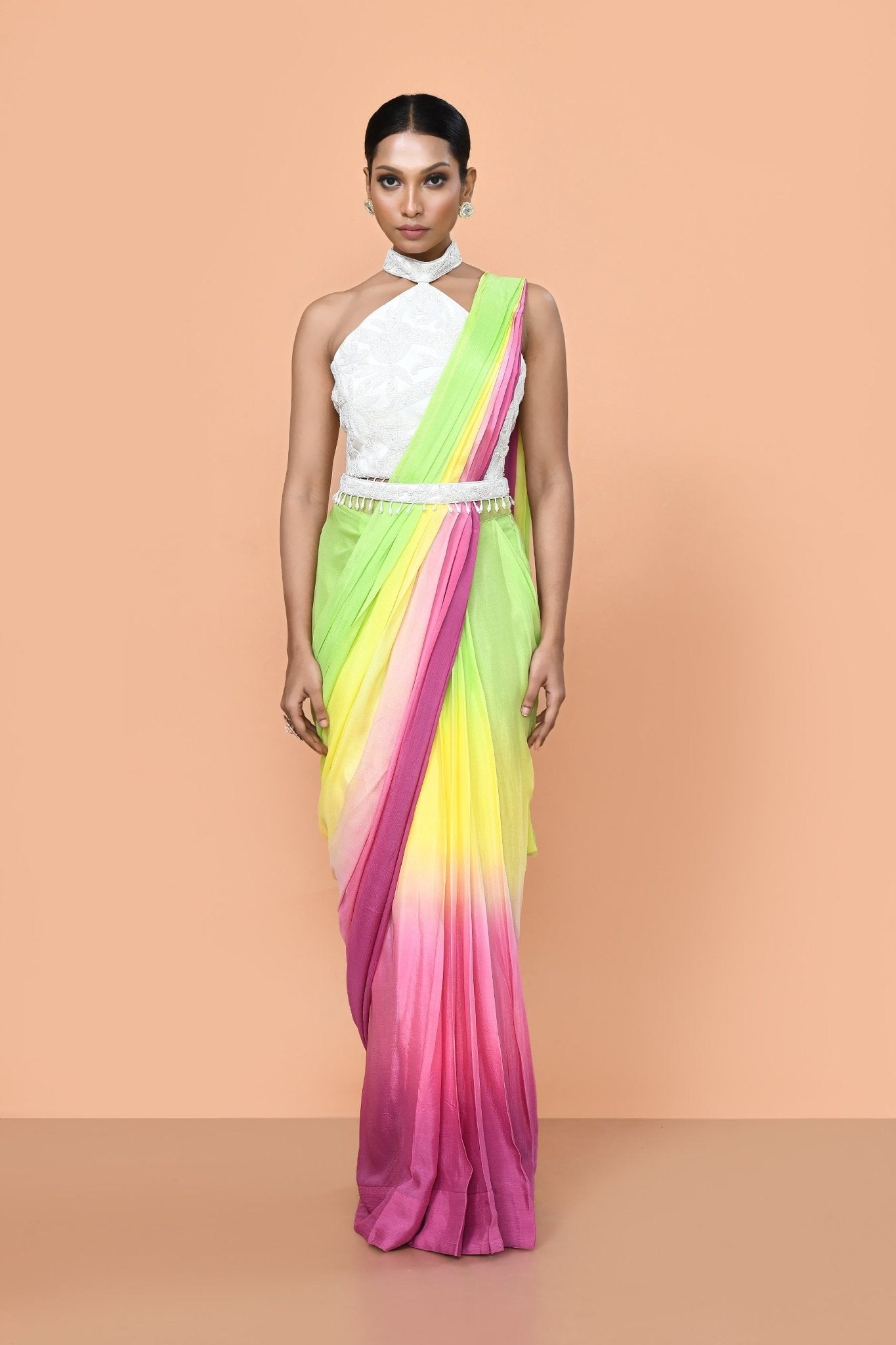 Designer Wear Multicolour Chinon Drape Saree - Simaaya