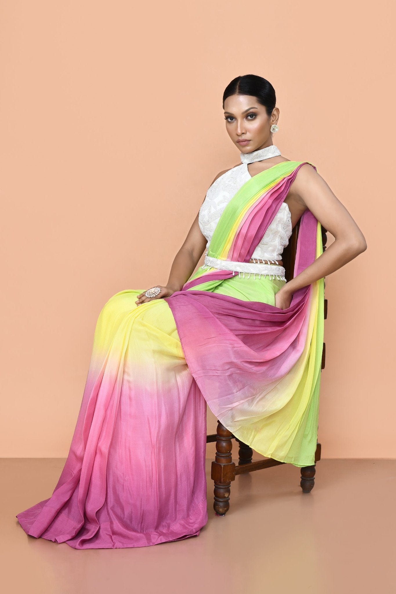 Designer Wear Multicolour Chinon Drape Saree - Simaaya