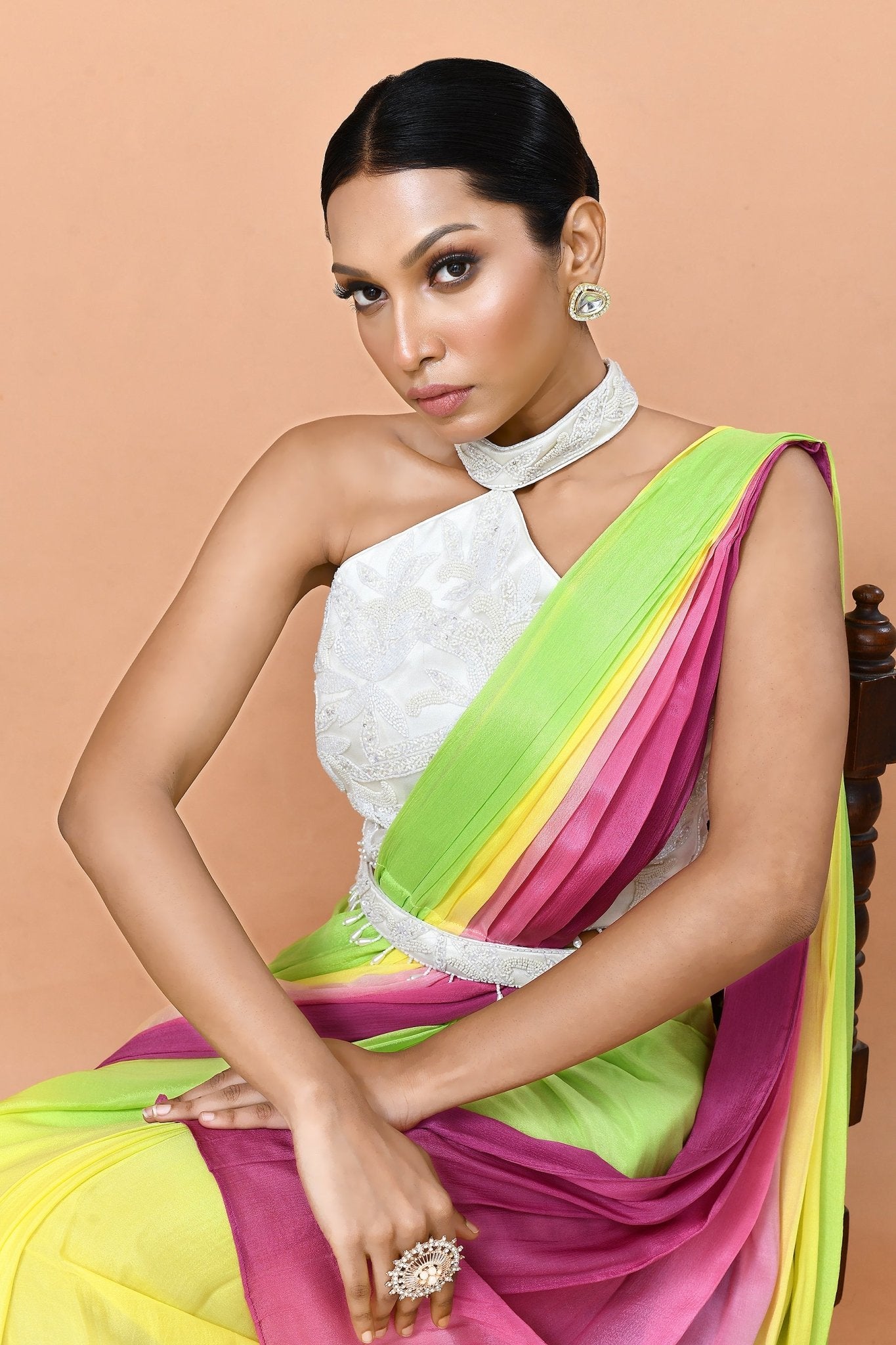 Designer Wear Multicolour Chinon Drape Saree - Simaaya