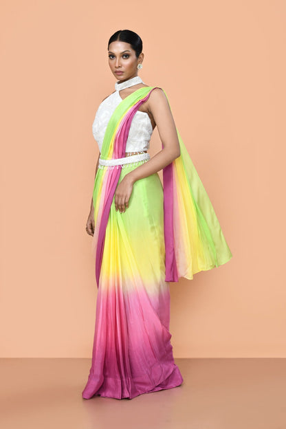 Designer Wear Multicolour Chinon Drape Saree - Simaaya