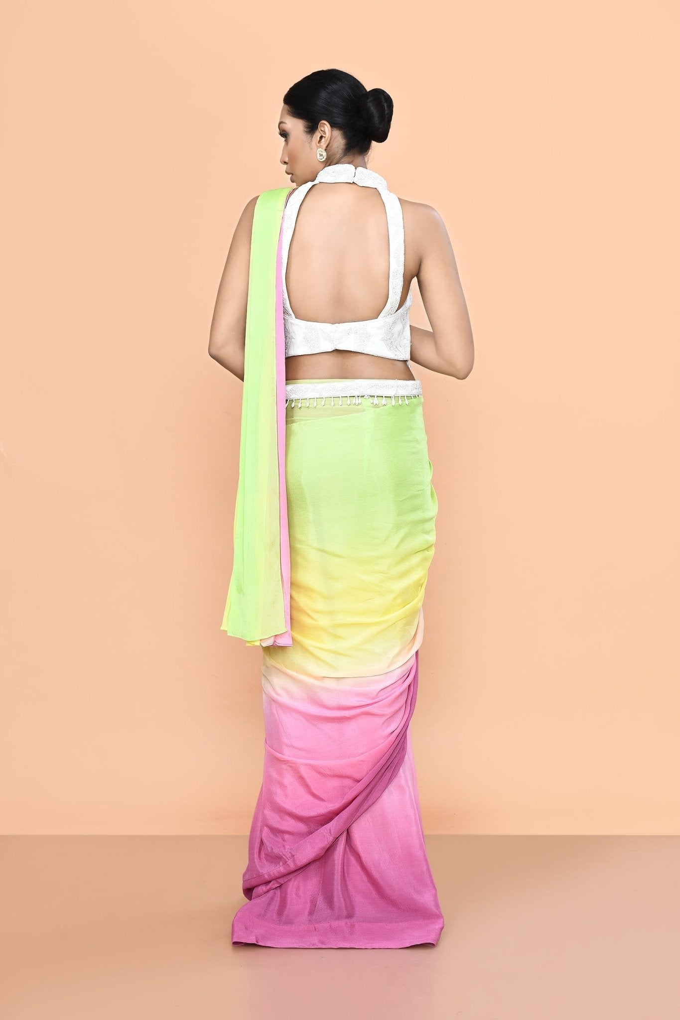 Designer Wear Multicolour Chinon Drape Saree - Simaaya