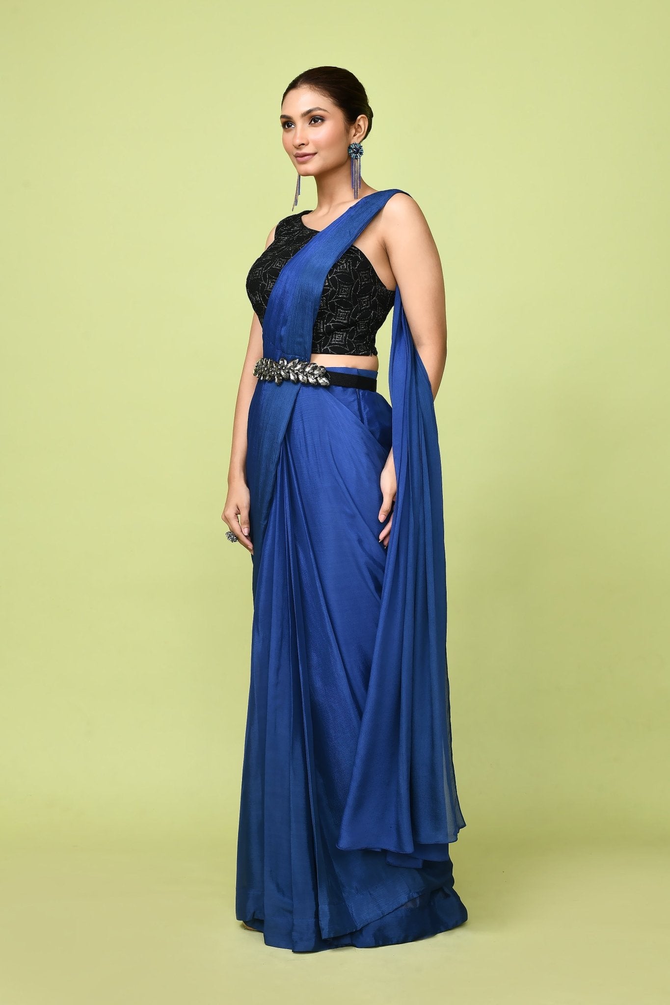 Designer Wear Navy Blue Chinon Chiffon Drape Saree - Simaaya