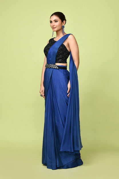 Designer Wear Navy Blue Chinon Chiffon Drape Saree - Simaaya
