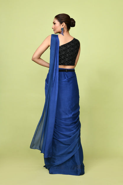 Designer Wear Navy Blue Chinon Chiffon Drape Saree - Simaaya