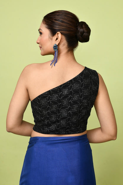 Designer Wear Navy Blue Chinon Chiffon Drape Saree - Simaaya