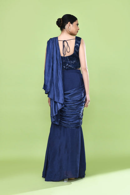 Designer Wear Navy Blue Drape Saree Set - Simaaya