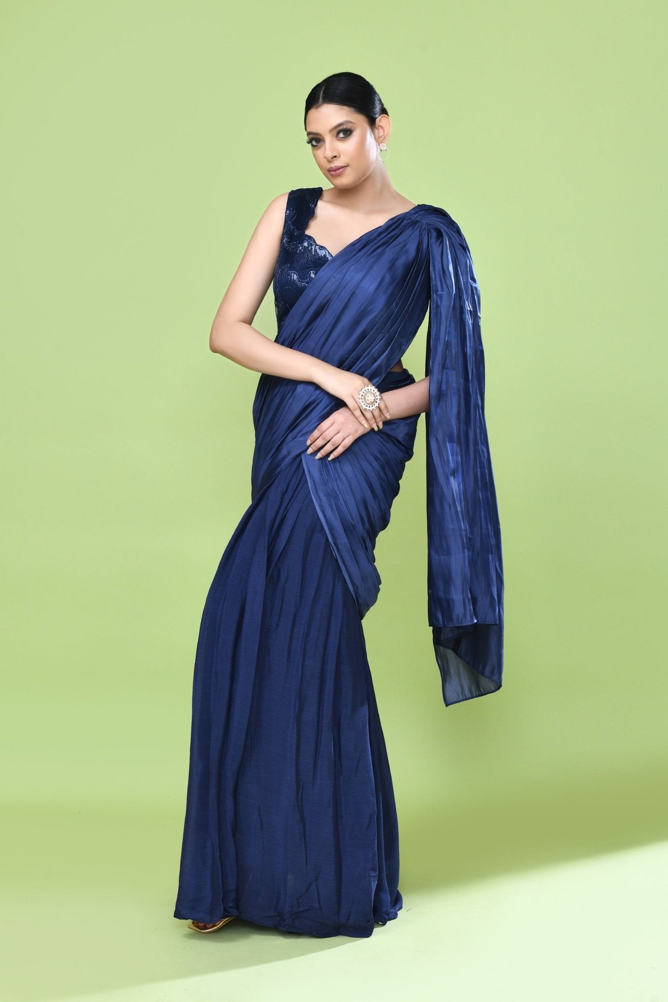 Designer Wear Navy Blue Drape Saree Set - Simaaya