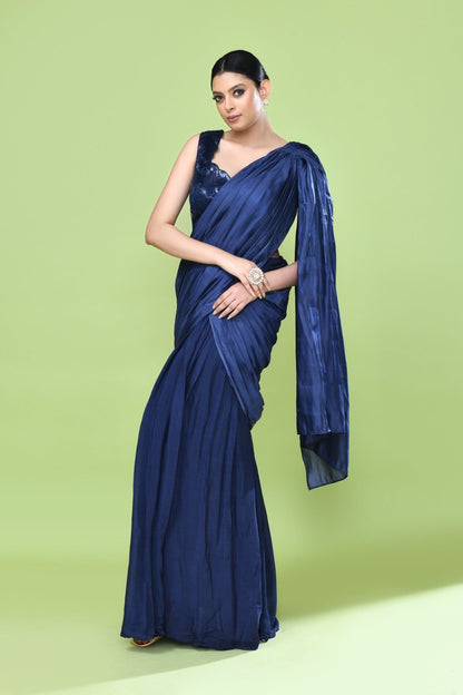 Designer Wear Navy Blue Drape Saree Set - Simaaya