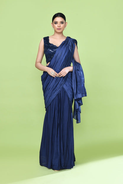 Designer Wear Navy Blue Drape Saree Set - Simaaya