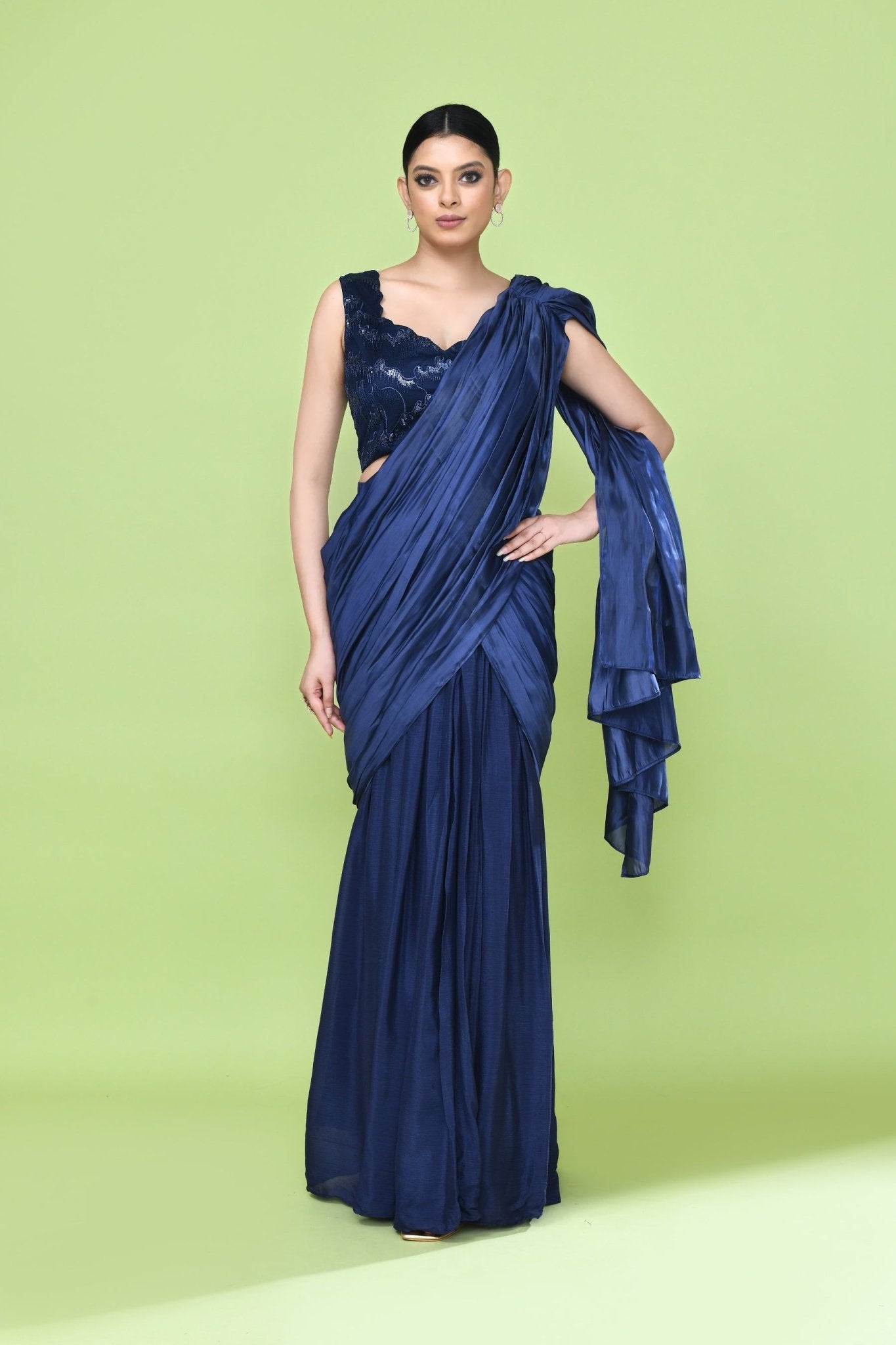 Designer Wear Navy Blue Drape Saree Set - Simaaya