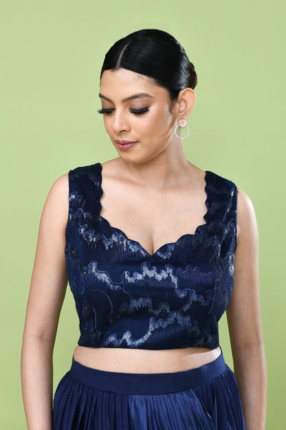 Designer Wear Navy Blue Drape Saree Set - Simaaya