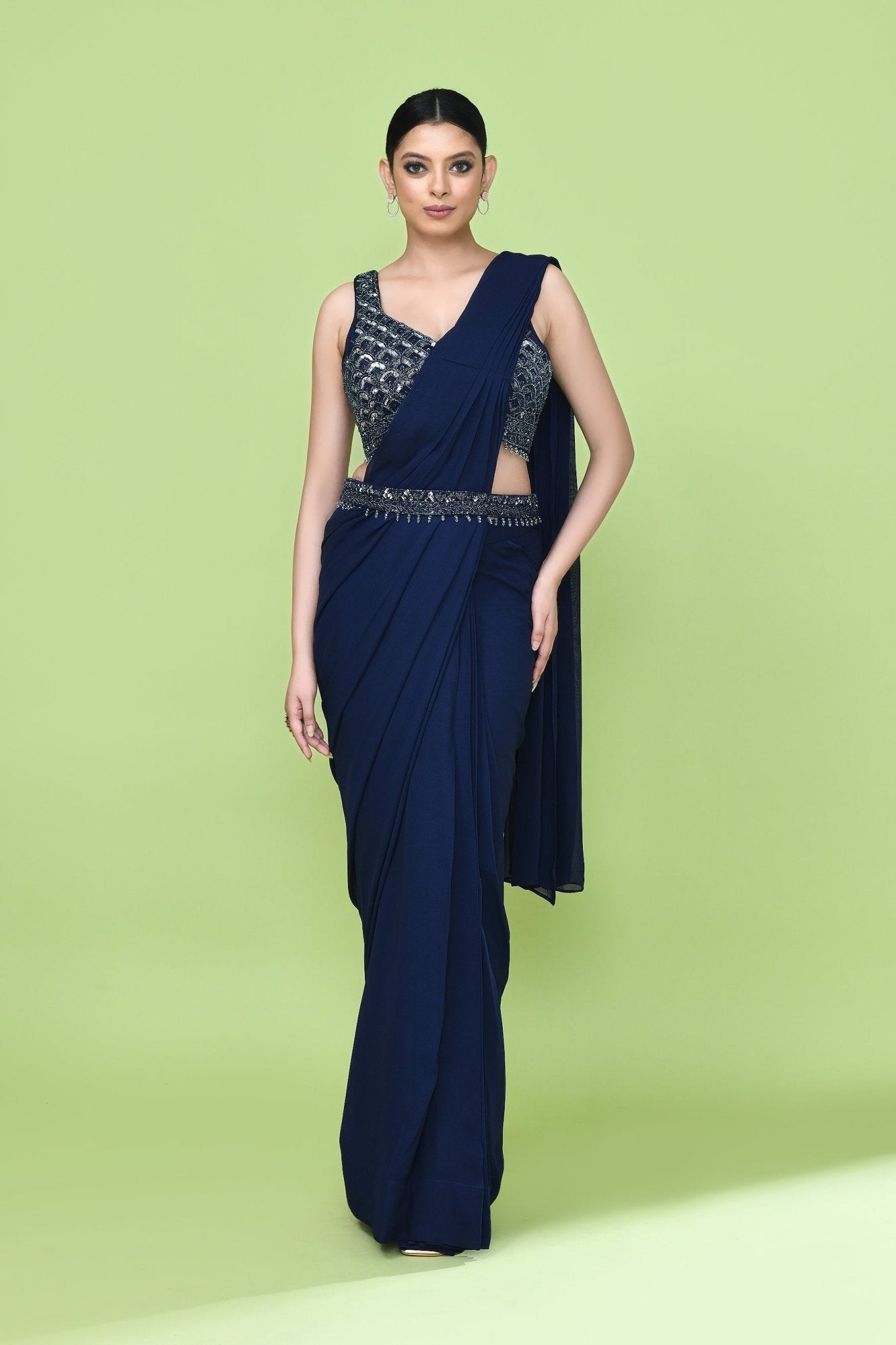 Designer Wear Navy Blue Georgette Drape Saree - Simaaya