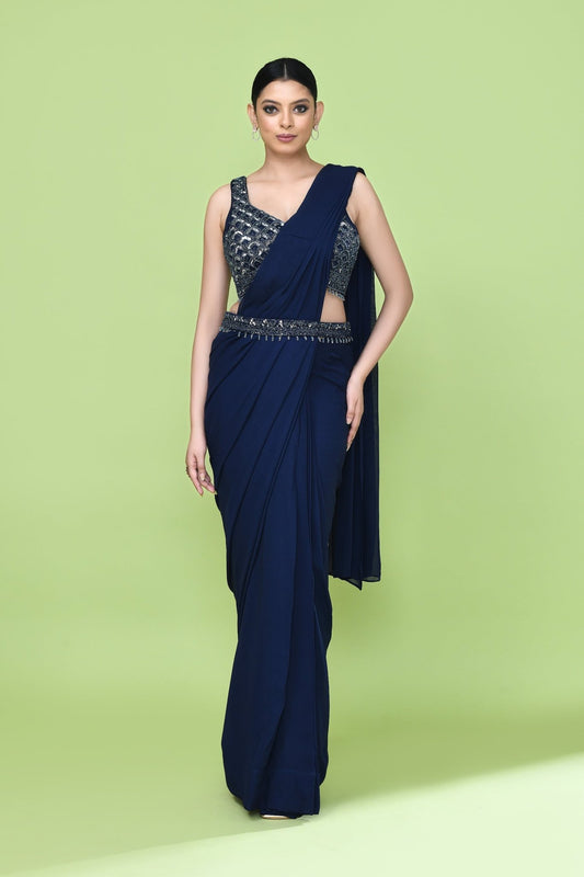 Designer Wear Navy Blue Georgette Drape Saree - Simaaya
