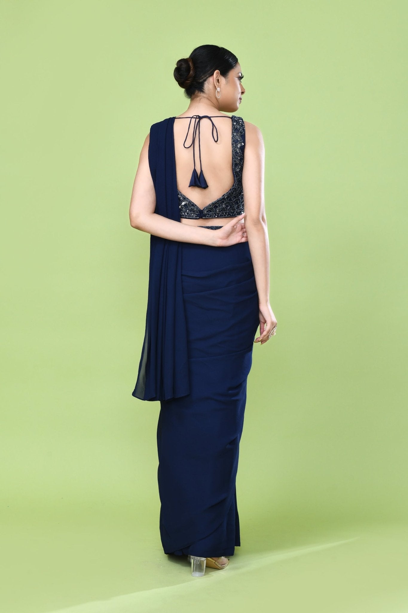 Designer Wear Navy Blue Georgette Drape Saree - Simaaya