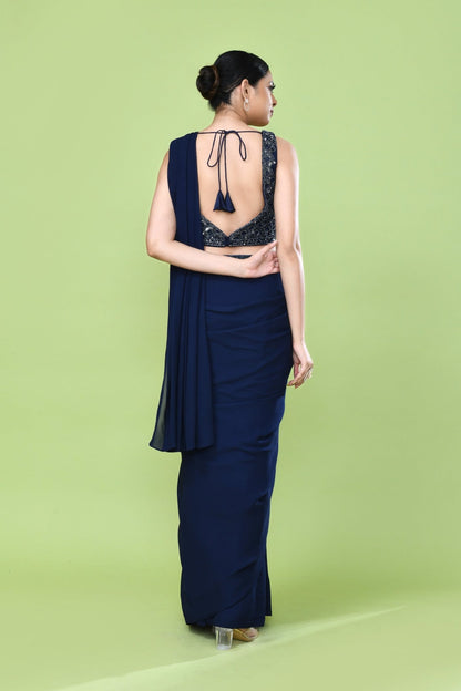 Designer Wear Navy Blue Georgette Drape Saree - Simaaya