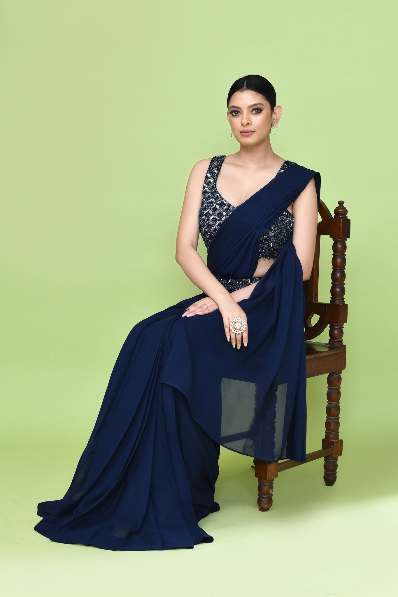 Designer Wear Navy Blue Georgette Drape Saree - Simaaya