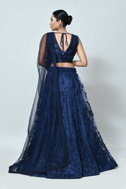 Designer Wear Navy Blue Net Lehenga - Simaaya