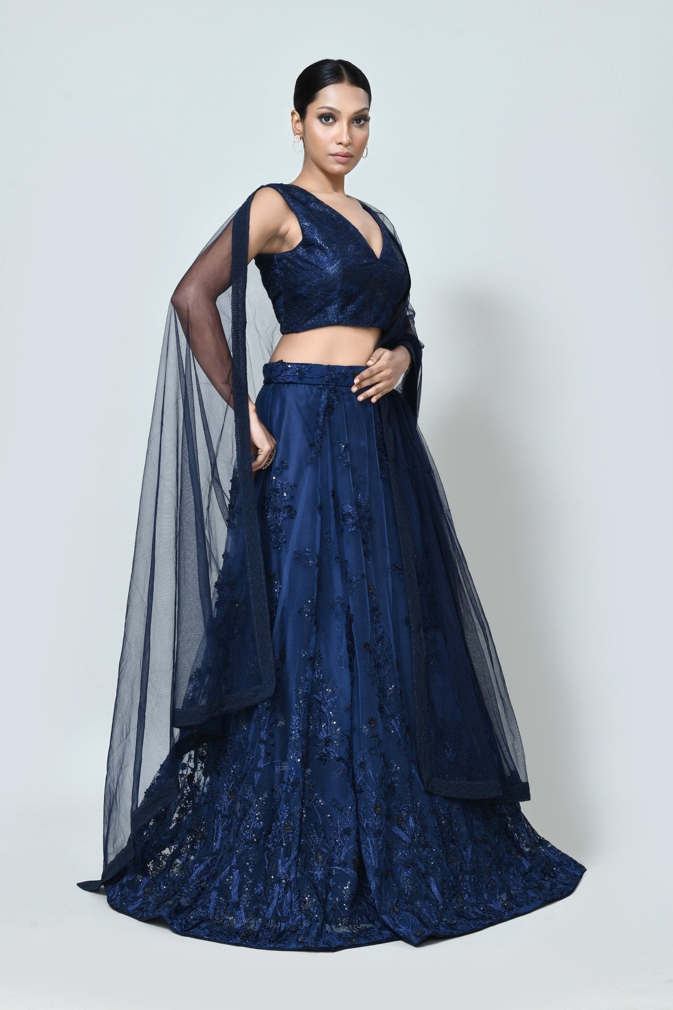 Designer Wear Navy Blue Net Lehenga - Simaaya