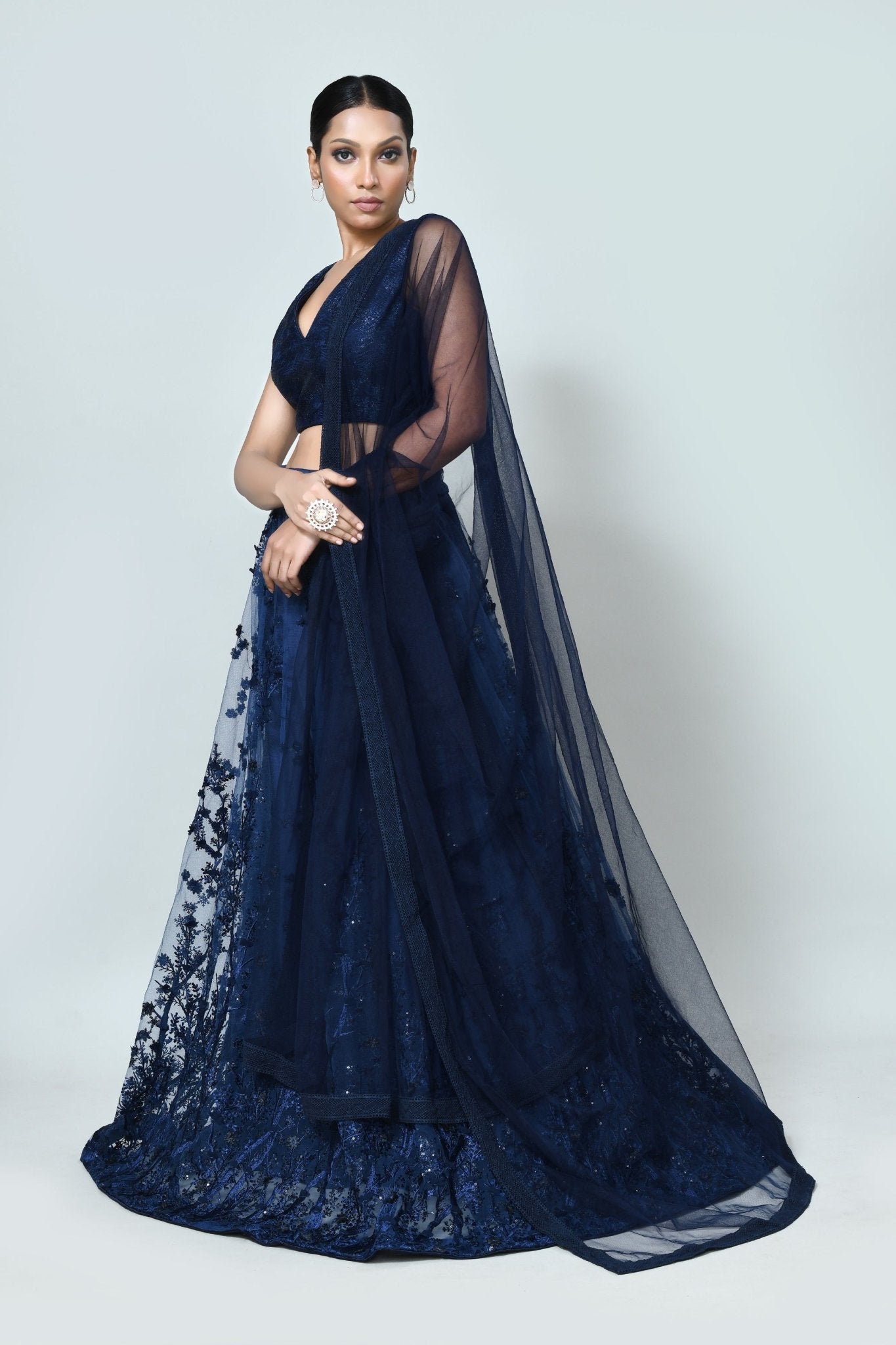 Designer Wear Navy Blue Net Lehenga - Simaaya