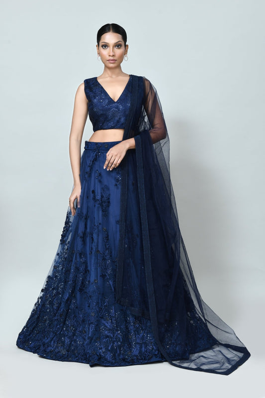 Designer Wear Navy Blue Net Lehenga - Simaaya