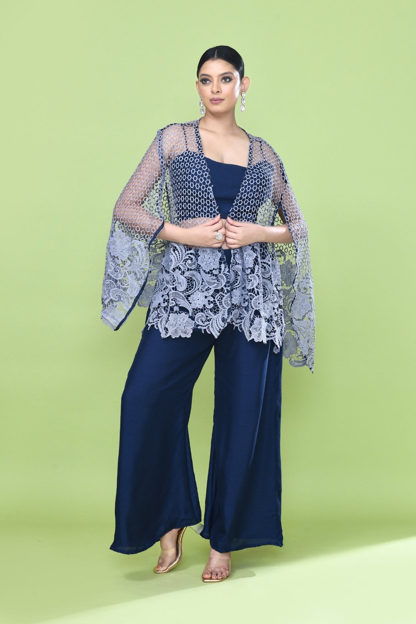 Designer Wear Navy Blue Palazzo Set with an Embellished Jacket - Simaaya