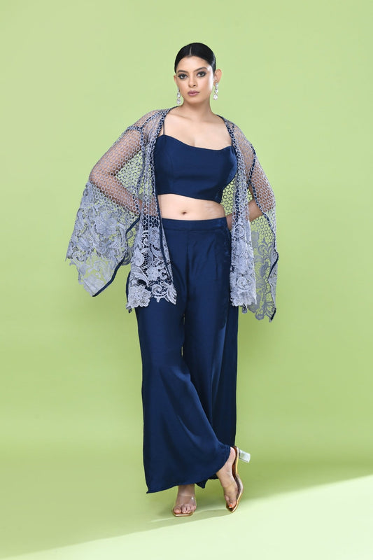 Designer Wear Navy Blue Palazzo Set with an Embellished Jacket - Simaaya