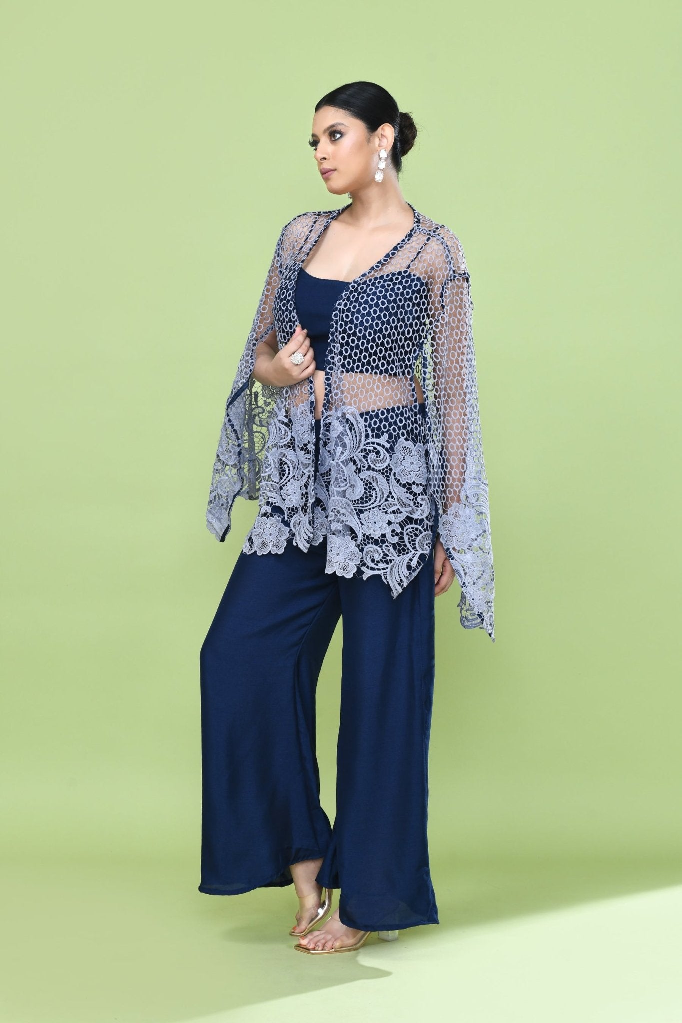 Designer Wear Navy Blue Palazzo Set with an Embellished Jacket - Simaaya