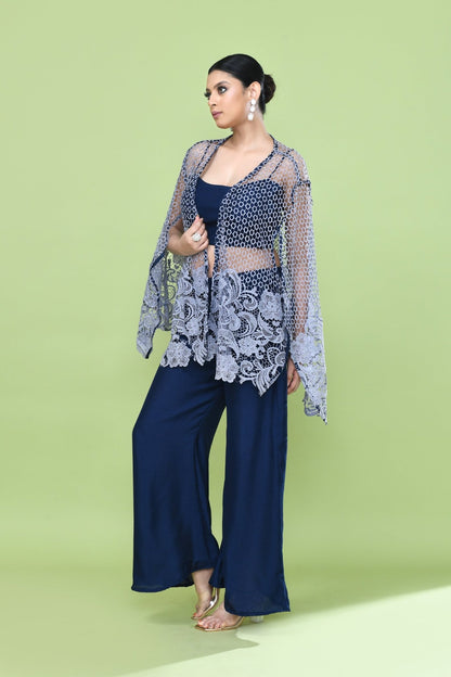 Designer Wear Navy Blue Palazzo Set with an Embellished Jacket - Simaaya