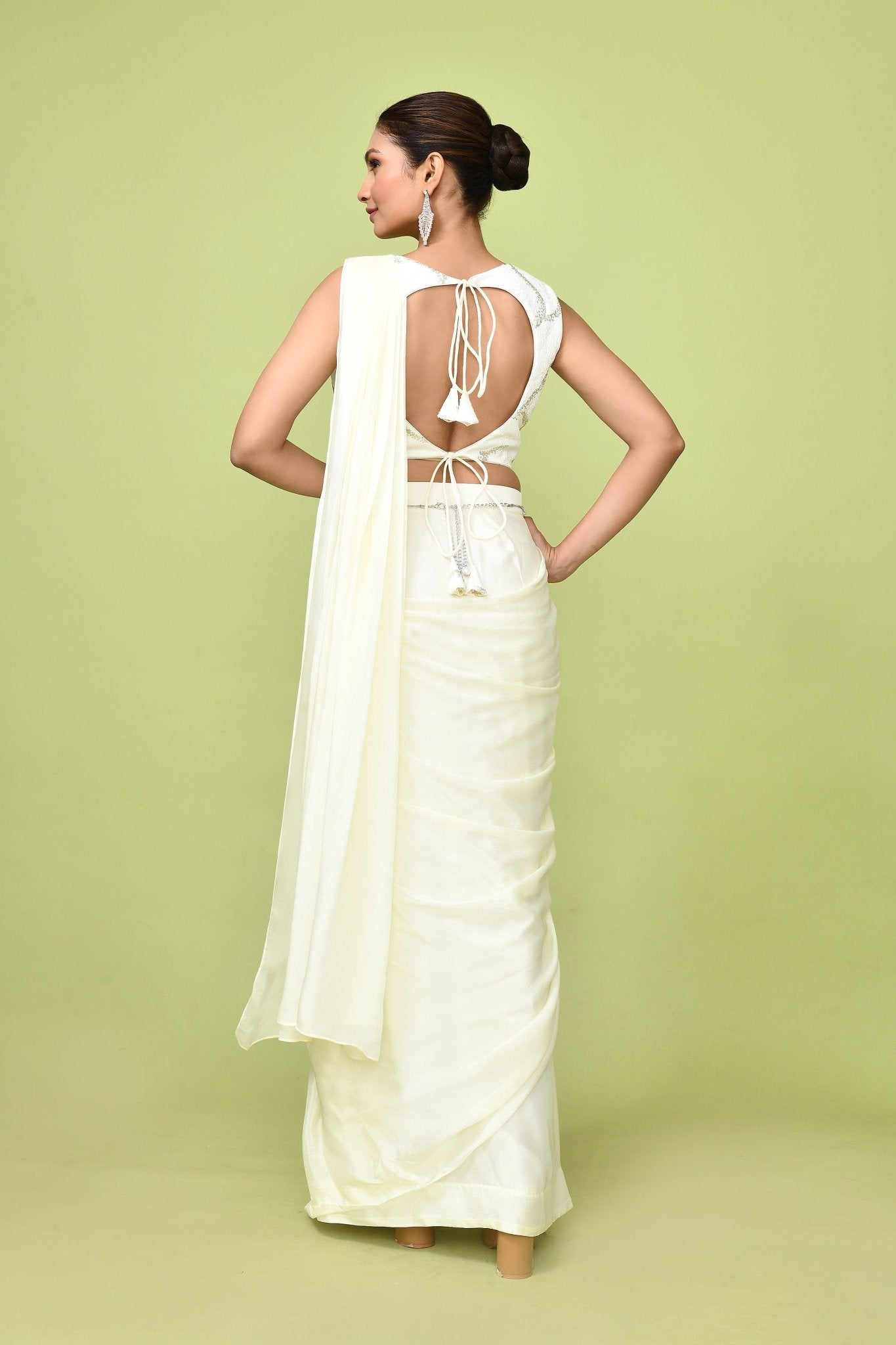 Designer Wear Off White Chinon Chiffon Drape Saree - Simaaya