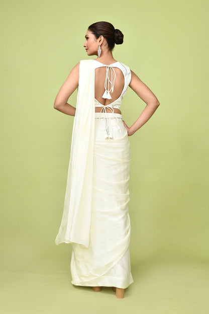 Designer Wear Off White Chinon Chiffon Drape Saree - Simaaya